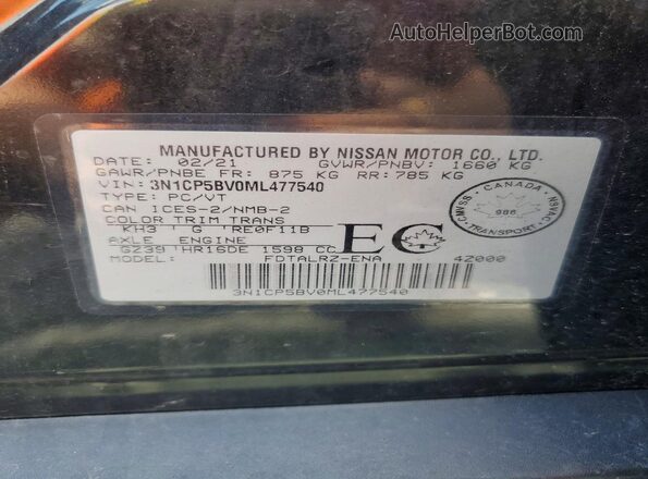 3N1CP5BV0ML477540 2021 NISSAN KICKS Black Widok naklejki z numerem VIN