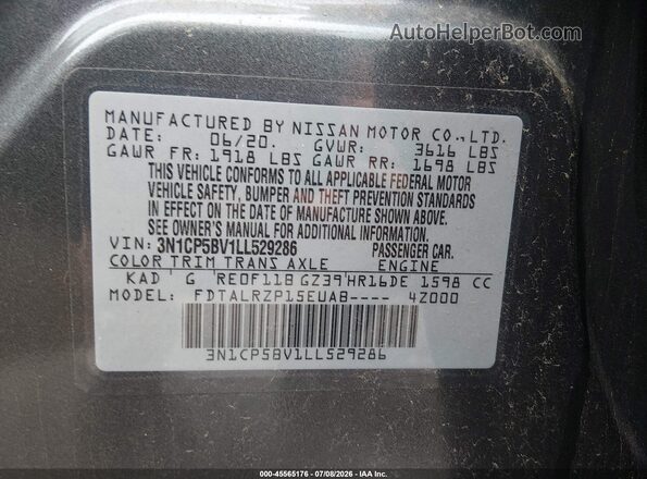 3N1CP5BV1LL529286 2020 NISSAN KICKS Gray Widok komory silnika