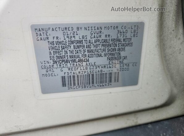3N1CP5BV1ML466434 2021 NISSAN KICKS White VIN կոդի պիտակի տեսք