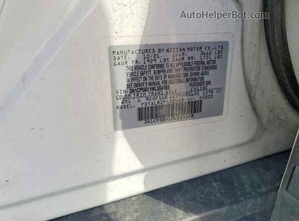 3N1CP5BV1ML554108 2021 NISSAN KICKS White Widok naklejki z numerem VIN