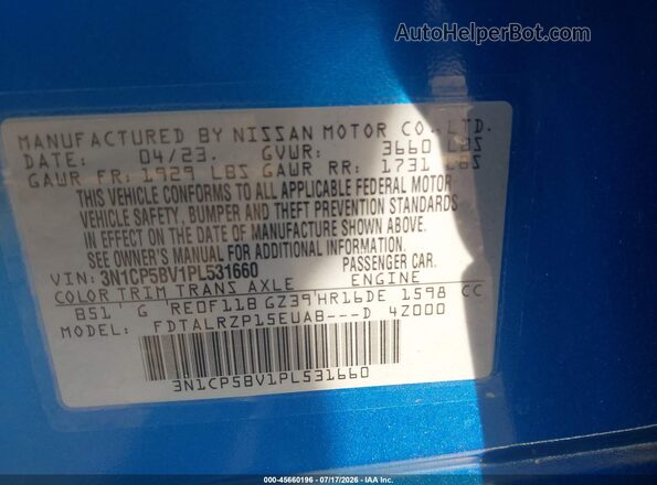 3N1CP5BV1PL531660 2023 NISSAN KICKS Blue Вид підкапотного простору