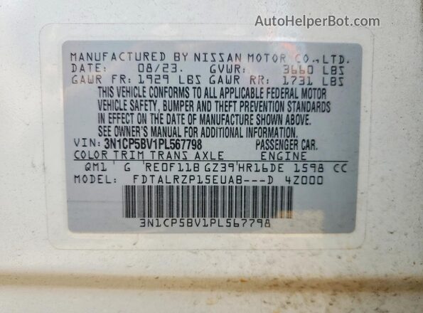 3N1CP5BV1PL567798 2023 NISSAN KICKS Белый Вид наклейки с VIN-кодом