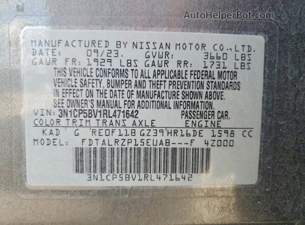 3N1CP5BV1RL471642 2024 NISSAN KICKS Серый Вид наклейки с VIN-кодом