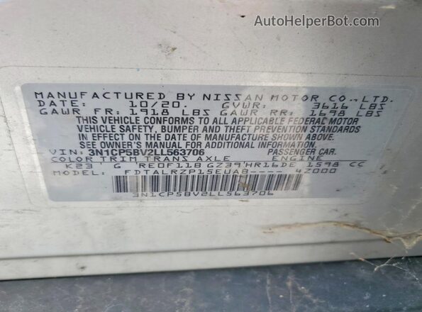 3N1CP5BV2LL563706 2020 NISSAN KICKS Silver VIN sticker view