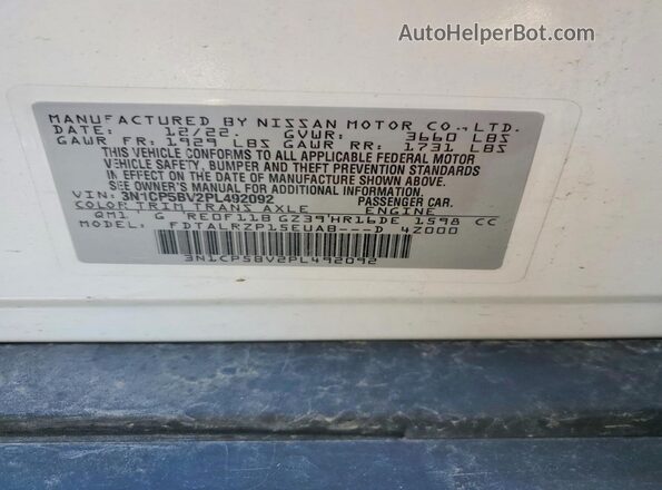 3N1CP5BV2PL492092 2023 NISSAN KICKS White VIN sticker view
