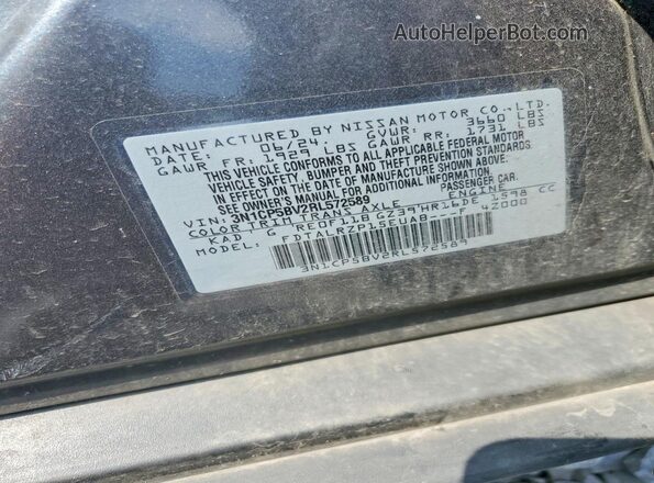 3N1CP5BV2RL572589 2024 NISSAN KICKS Gray Vista de la etiqueta del VIN
