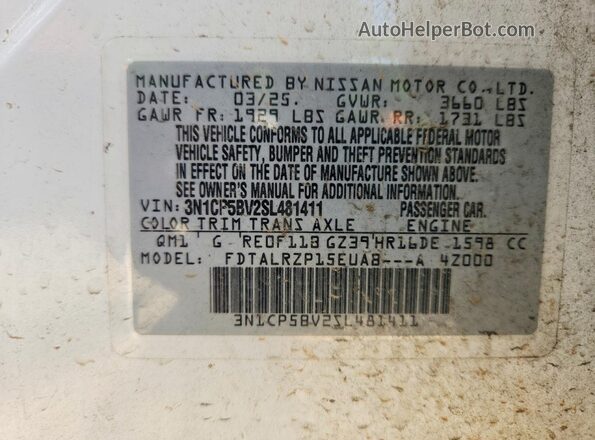 3N1CP5BV2SL481411 2025 NISSAN KICKS White VIN კოდის სტიკერის ხედი
