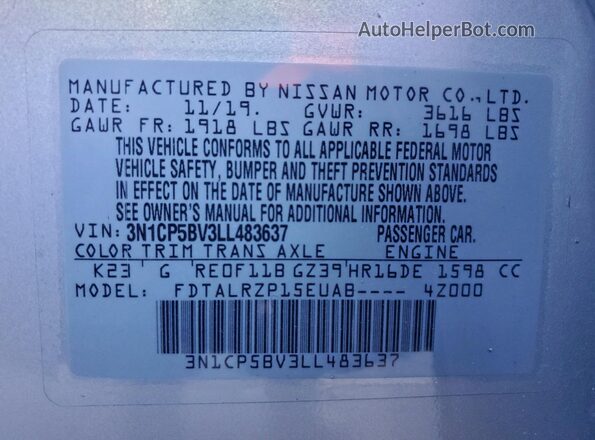 3N1CP5BV3LL483637 2020 NISSAN KICKS Silver Widok naklejki z numerem VIN