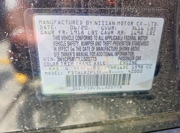 3N1CP5BV3LL525773 2020 NISSAN KICKS Black Vista de la etiqueta del VIN