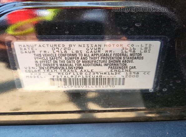3N1CP5BV3LL551290 2020 NISSAN KICKS Black VIN კოდის სტიკერის ხედი