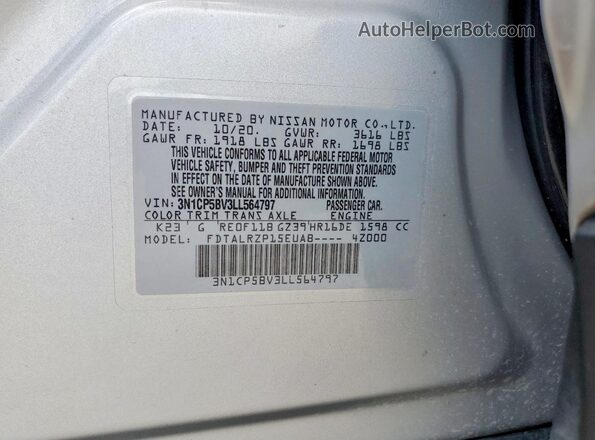 3N1CP5BV3LL564797 2020 NISSAN KICKS Серебряный Вид наклейки с VIN-кодом