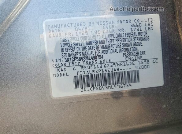 3N1CP5BV3ML498754 2021 NISSAN KICKS Gray Vista de la etiqueta del VIN