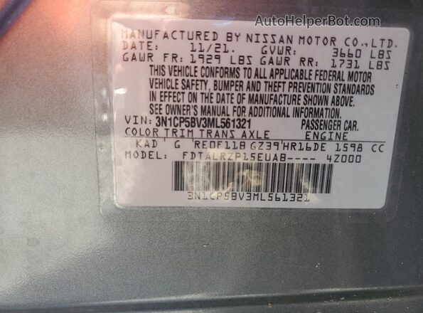 3N1CP5BV3ML561321 2021 NISSAN KICKS Gray Вид наклейки з VIN-кодом
