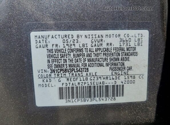 3N1CP5BV3PL543728 2023 NISSAN KICKS Gray Vista de la etiqueta del VIN