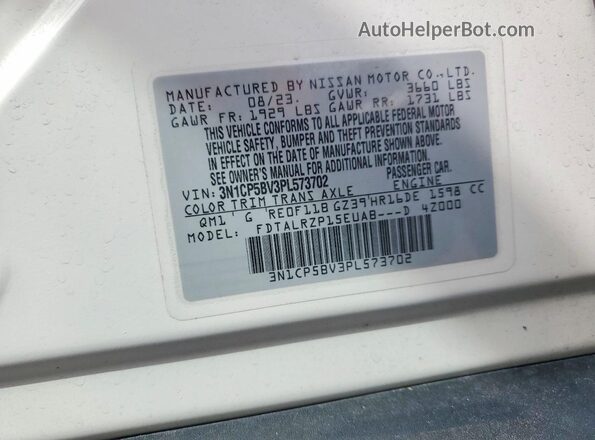 3N1CP5BV3PL573702 2023 NISSAN KICKS White Вид наклейки з VIN-кодом