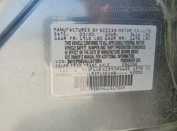 3N1CP5BV4LL517004 2020 NISSAN KICKS Gray VIN sticker view