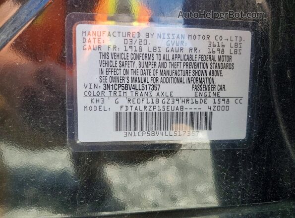 3N1CP5BV4LL517357 2020 NISSAN KICKS Black VIN კოდის სტიკერის ხედი