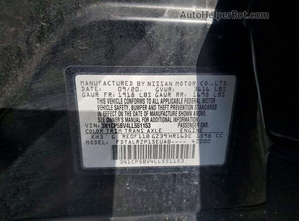 3N1CP5BV4LL551153 2020 NISSAN KICKS Black VIN კოდის სტიკერის ხედი