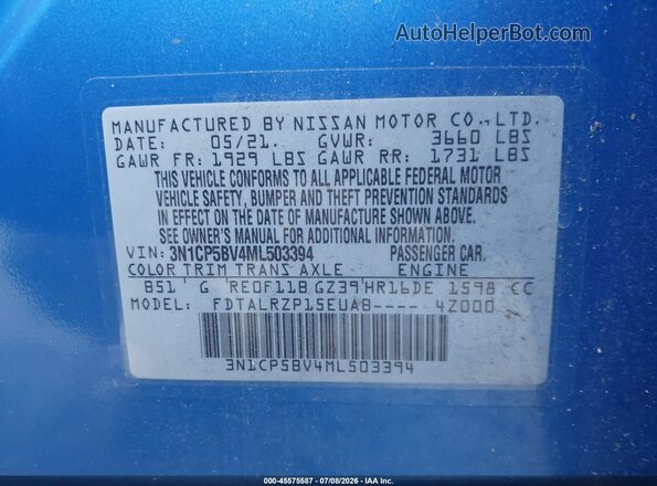 3N1CP5BV4ML503394 2021 NISSAN KICKS Blue Engine compartment view