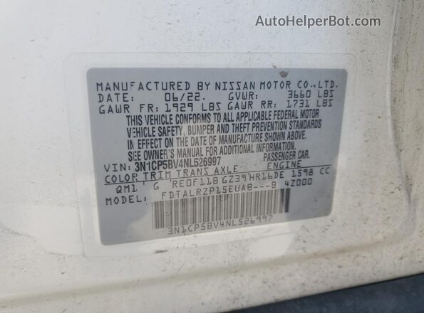 3N1CP5BV4NL526997 2022 NISSAN KICKS White VIN კოდის სტიკერის ხედი