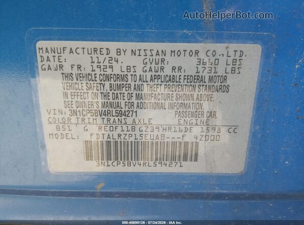 3N1CP5BV4RL594271 2024 NISSAN KICKS Blue Widok komory silnika