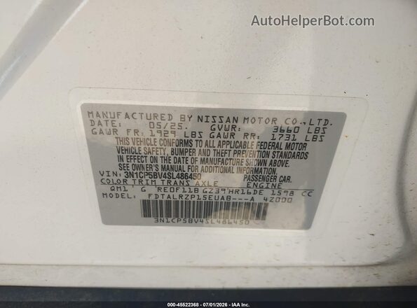 3N1CP5BV4SL486450 2025 NISSAN KICKS PLAY White Շարժիչի բաժամունքի տեսք