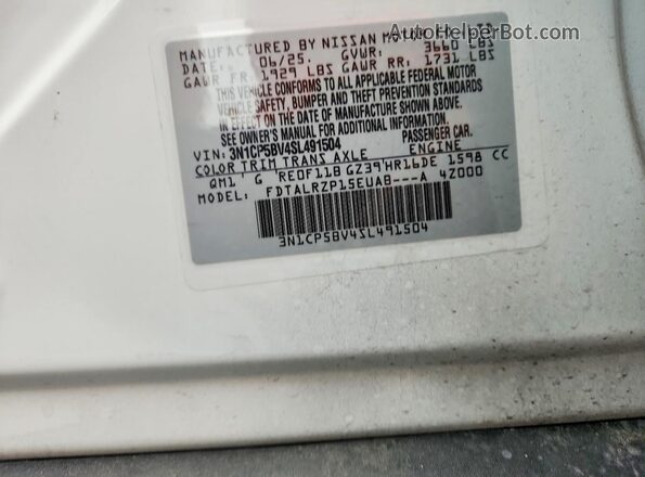 3N1CP5BV4SL491504 2025 NISSAN KICKS White VIN կոդի պիտակի տեսք