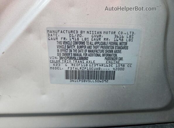 3N1CP5BV5LL506092 2020 NISSAN KICKS Silver Engine compartment view
