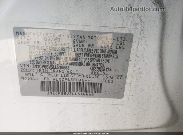3N1CP5BV5LL516668 2020 NISSAN KICKS White Widok komory silnika