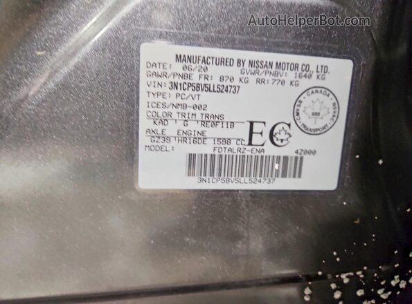 3N1CP5BV5LL524737 2020 NISSAN KICKS Серый Вид наклейки с VIN-кодом