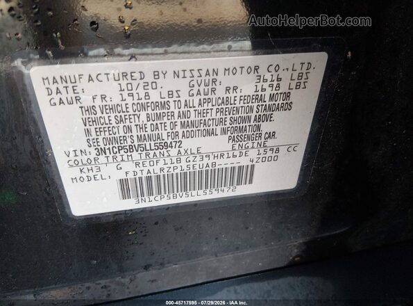3N1CP5BV5LL559472 2020 NISSAN KICKS Black Engine compartment view