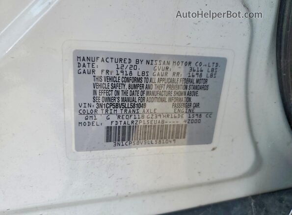 3N1CP5BV5LL581049 2020 NISSAN KICKS White Vista de la etiqueta del VIN