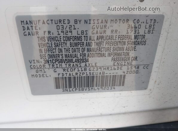 3N1CP5BV5ML492034 2021 NISSAN KICKS White Engine compartment view