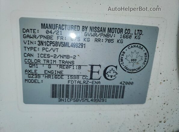 3N1CP5BV5ML499291 2021 NISSAN KICKS White Widok naklejki z numerem VIN