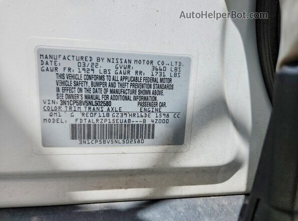 3N1CP5BV5NL502580 2022 NISSAN KICKS White Widok komory silnika