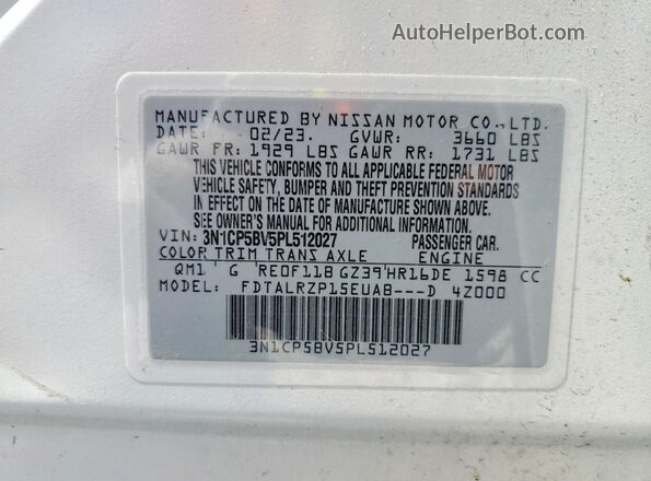 3N1CP5BV5PL512027 2023 NISSAN KICKS Белый Вид наклейки с VIN-кодом