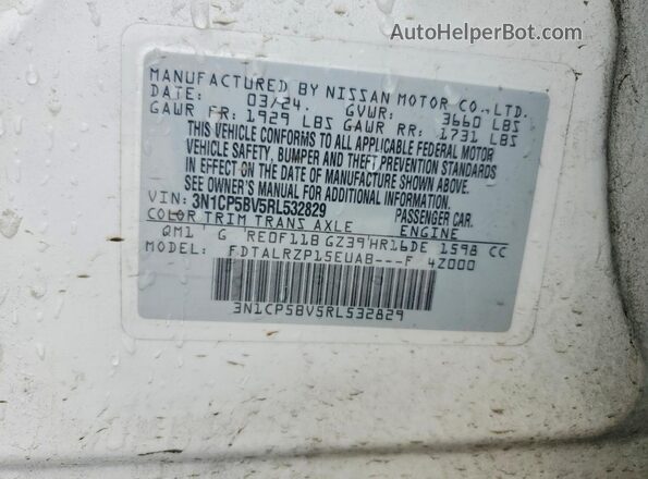 3N1CP5BV5RL532829 2024 NISSAN KICKS White VIN კოდის სტიკერის ხედი