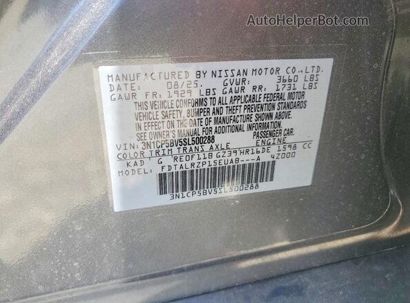 3N1CP5BV5SL500288 2025 NISSAN KICKS Gray Widok naklejki z numerem VIN