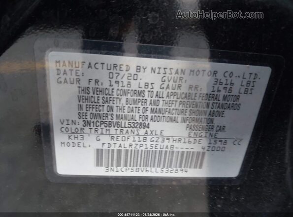 3N1CP5BV6LL532894 2020 NISSAN KICKS Black ძრავის განყოფილების ხედი