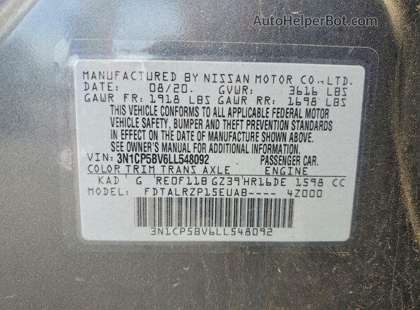 3N1CP5BV6LL548092 2020 NISSAN KICKS Silver VIN կոդի պիտակի տեսք