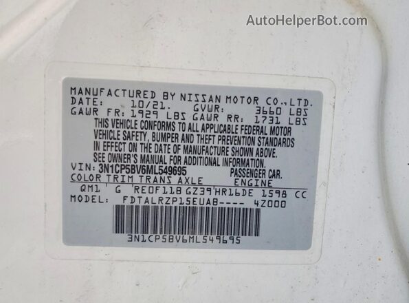 3N1CP5BV6ML549695 2021 NISSAN KICKS White Widok naklejki z numerem VIN