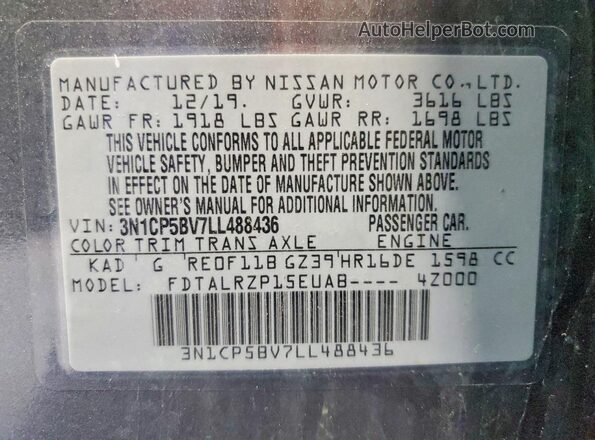 3N1CP5BV7LL488436 2020 NISSAN KICKS Gray Vista de la etiqueta del VIN