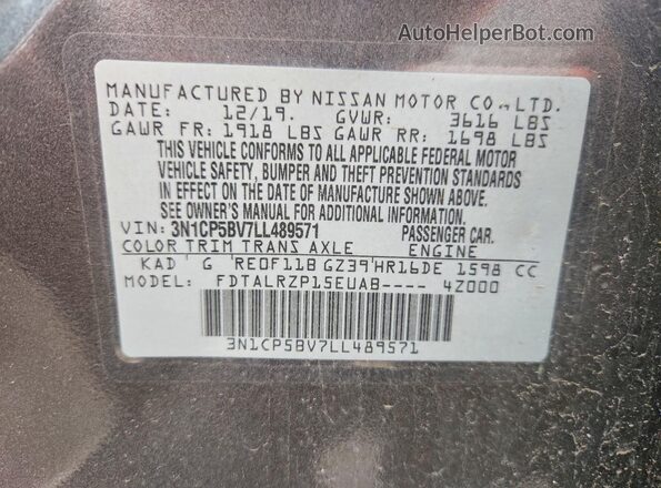 3N1CP5BV7LL489571 2020 NISSAN KICKS Charcoal Widok naklejki z numerem VIN