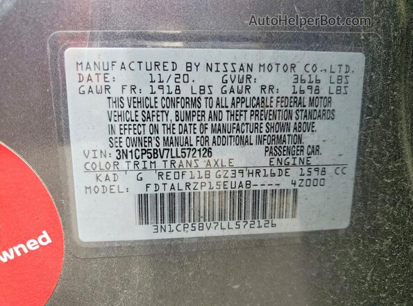 3N1CP5BV7LL572126 2020 NISSAN KICKS Gray Vista de la etiqueta del VIN