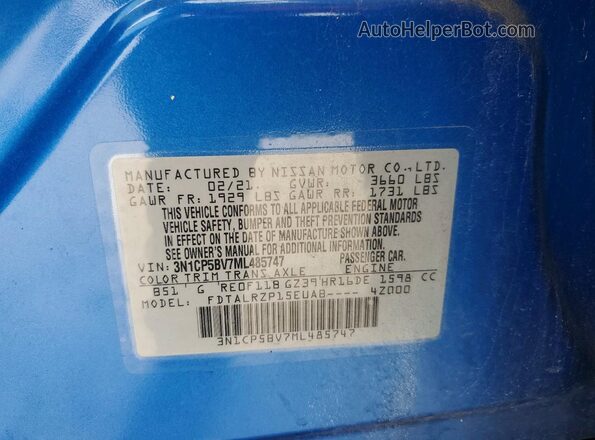 3N1CP5BV7ML485747 2021 NISSAN KICKS Blue Vista de la etiqueta del VIN