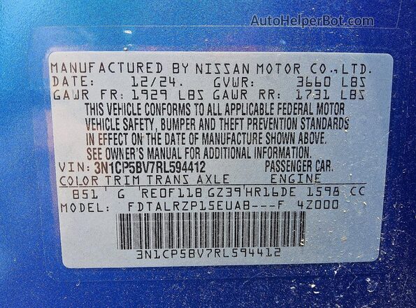 3N1CP5BV7RL594412 2024 NISSAN KICKS Blue Widok naklejki z numerem VIN