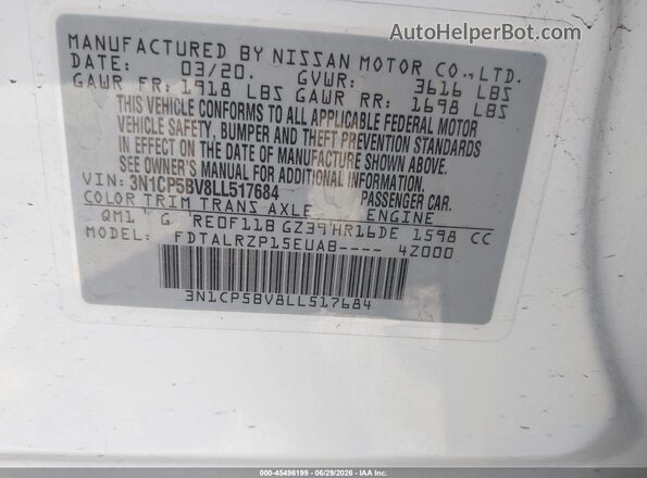 3N1CP5BV8LL517684 2020 NISSAN KICKS White Вид підкапотного простору