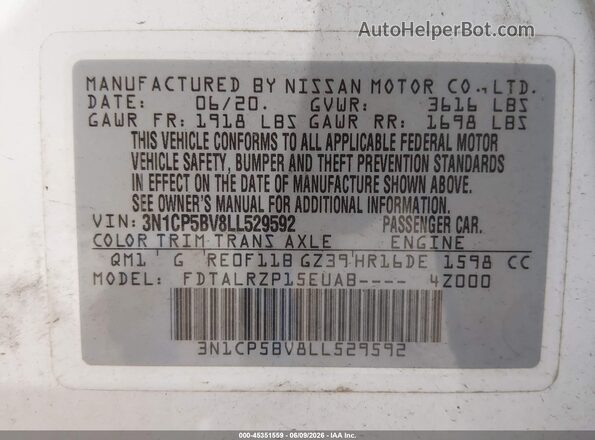 3N1CP5BV8LL529592 2020 NISSAN KICKS White Շարժիչի բաժամունքի տեսք