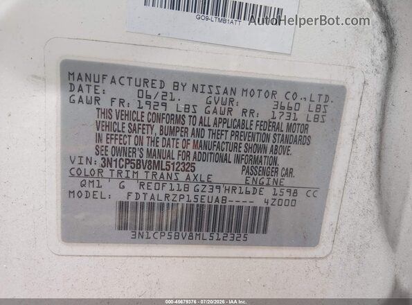 3N1CP5BV8ML512325 2021 NISSAN KICKS White Vista del compartimento del motor