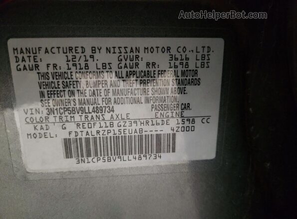 3N1CP5BV9LL489734 2020 NISSAN KICKS Gray VIN კოდის სტიკერის ხედი